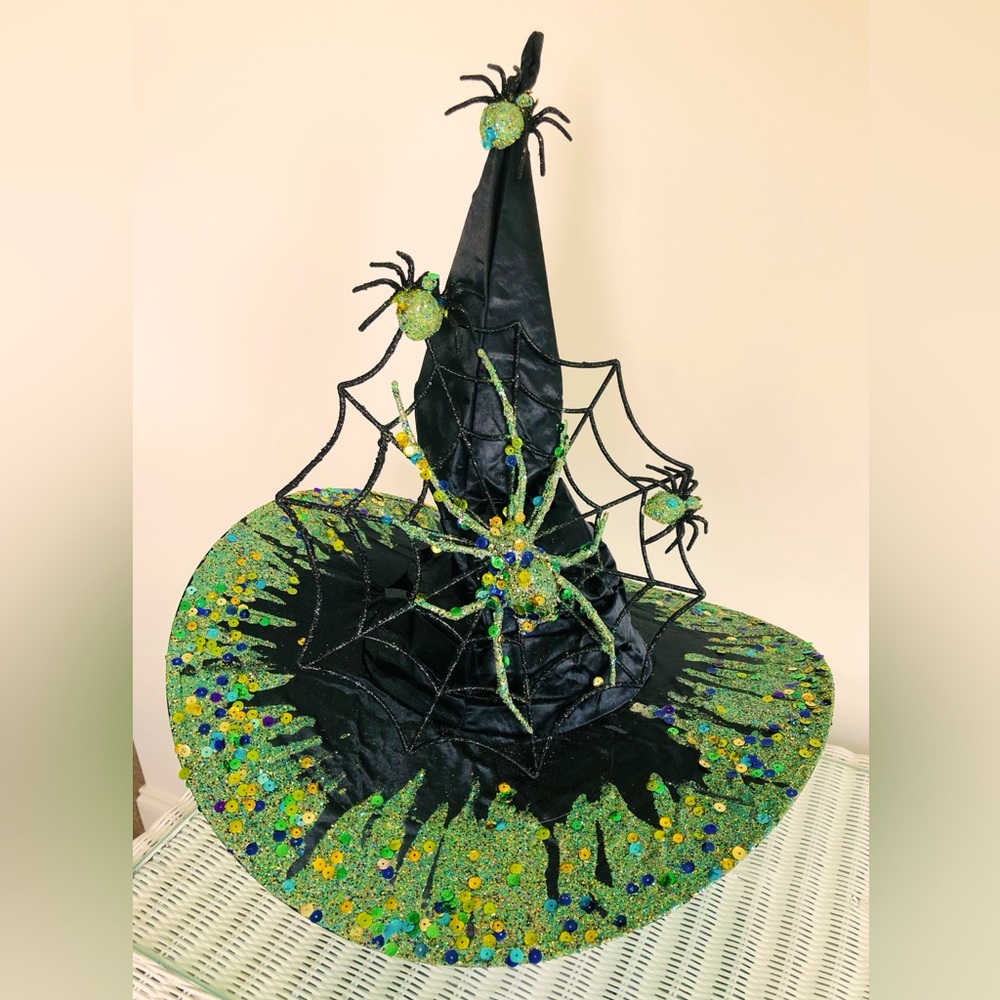 WITCH HAT Black satin green Sparkles crawling with spiders & Lg web 1 Of a kind - Picture 13 of 16